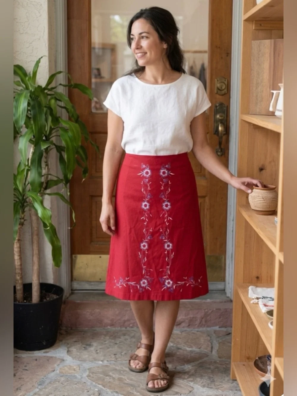 Poleci Embroidered Skirt Womens Sz 8 Vintage Stretch Red Made In USA 90s 80s